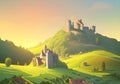 Serene French Countryside: Illustration of a Majestic Castle amidst Lush Hills, Old Houses, and Cloudy Skies