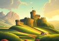 Serene French Countryside: Illustration of a Majestic Castle amidst Lush Hills, Old Houses, and Cloudy Skies