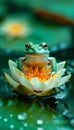 Serene frog nestled in a blooming water lily, symbolizing peace