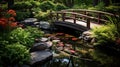 A serene garden bridge over a koi pond