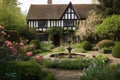 serene garden with fountain and blooming roses in the background of tudor house