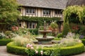 serene garden with fountain and blooming roses in the background of tudor house