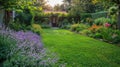 Serene Garden Landscape with Lush Greenery and Colorful Flowers Royalty Free Stock Photo