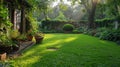 Serene Garden Landscape with Lush Greenery and Colorful Flowers Royalty Free Stock Photo