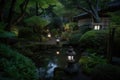 a serene garden with lanterns, fireflies, and a babbling stream