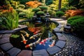 A serene garden oasis with a pond teeming with colorful koi fish, offering a peaceful retreat in the heart of nature, A tranquil