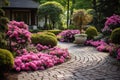 Serene Garden Oasis: Vibrant Blooms, Tranquil Path, and Majestic Trees Royalty Free Stock Photo