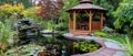 Serene Garden Oasis With Wooden Gazebo Overlooking Fish Pond