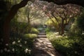 Serene Garden Path with Blossoming Flowers and Shaded Trees Royalty Free Stock Photo