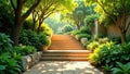 Serene garden pathway ascending stone steps through lush greenery under sunlight. Generative AI Royalty Free Stock Photo