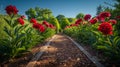 A serene garden pathway lined with vibrant red peonies Royalty Free Stock Photo