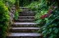 Serene garden pathway with lush greenery and stone steps Royalty Free Stock Photo