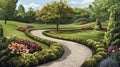 A serene garden pathway meanders through lush greenery and vibrant flowers, inviting a moment of tranquility and Royalty Free Stock Photo