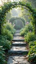 Serene garden pathway with stone steps and flowering arches in morning light Royalty Free Stock Photo