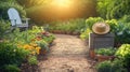 Serene garden pathway with sunlit vegetables and flowers Royalty Free Stock Photo