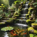 Beautiful typical garden pond, with goldfish swimming in water