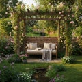 Serene Garden with Rose Pergola and Bench Royalty Free Stock Photo