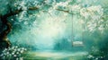 Serene Garden Scene with Swing Under Blossoming Tree Royalty Free Stock Photo