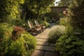 a serene garden setting with comfortable lounge chairs and a bench