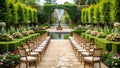 Serene garden setting with rows of elegant chairs awaiting a special occasion. Generative AI Royalty Free Stock Photo