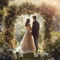 Serene garden wedding with lush greenery, blooming flowers, and soft sunlight