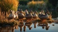 Golden Hour Ducks by the Pond: A Serene Waterfowl Gathering Royalty Free Stock Photo
