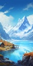 Serene Glacier Cabin: A Beautiful Painting Of A Snowy Mountain Lake Royalty Free Stock Photo