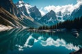 A serene, glassy lake nestled between towering, snow-capped peaks, reflecting the majestic mountains in its crystal-clear waters Royalty Free Stock Photo