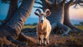 Cream-colored Goat Stands Calmly Underneath a Giant Tree with Ladybugs Royalty Free Stock Photo