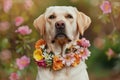 Serene Golden Labrador Retriever Wearing Floral Collar in Nature