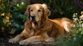 A golden retriever laying in a garden created with Generative AI