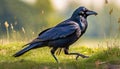 Rook walks across a grass garden, close-up