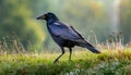 Rook walks across a grass garden, close-up