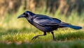 Rook walks across a grass garden, close-up