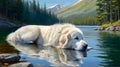 A serene Great Pyrenees dog lying peacefully