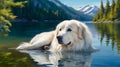 A serene Great Pyrenees dog lying peacefully