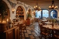 Serene Greek taverna overlooking the Aegean Sea, where diners enjoy mezze platters filled with olives, feta cheese, and grilled