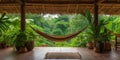 Serene And Green, An Ecolodge Interior, Harmoniously Blending Hammocks And Lush Foliage, Copy Space