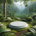 A serene, green forest with a mysterious white circular platform, evoking wonder