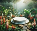 A serene, green forest with a mysterious white circular platform, evoking wonder