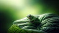 A serene green frog perched elegantly on a leaf. Royalty Free Stock Photo