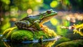 Serene green frog perched on mossy rock beside still water. Generative AI Royalty Free Stock Photo