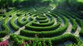 Serene Green Labyrinth Garden Pathway with Flowering Plants