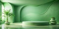 Serene green room with a cylindrical display platform and lush potted plants. Generative AI Royalty Free Stock Photo