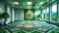Serene green sanctuary an interior design visualization featuring a luxurious carpet, potted plants, and expansive windows Royalty Free Stock Photo