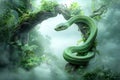 Serene Green Snake Coiled on a Tree Branch Surrounded by Lush Greenery and Mist Royalty Free Stock Photo