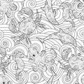 Serene hand drawn outline seamless pattern with waves, sea animals - dolphin, seahorse, crab, octopus isolated on white