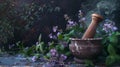 Serene herbal apothecary scene with mortar and pestle amidst purple flowers and greenery, still life conceptual Royalty Free Stock Photo