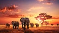 A serene herd of elephants grazing in the golden savannah at sunrise