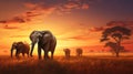 A serene herd of elephants grazing in the golden savannah at sunrise